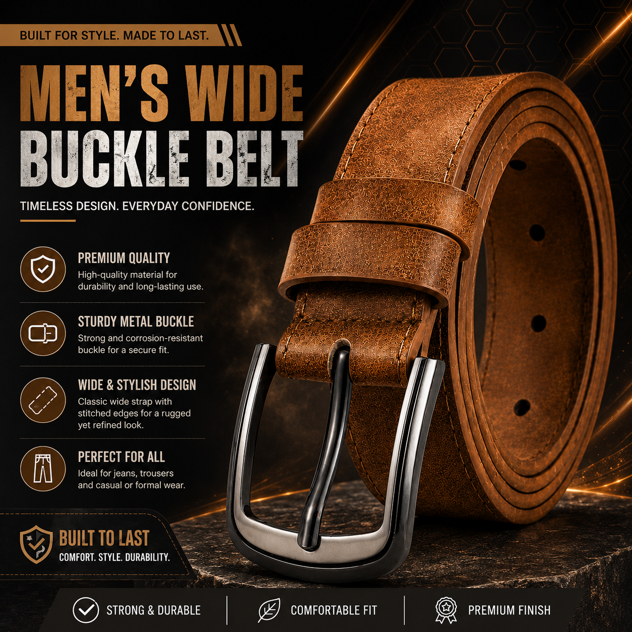 ZenoX Camel Walnut Men’s Wide Buckle Belt