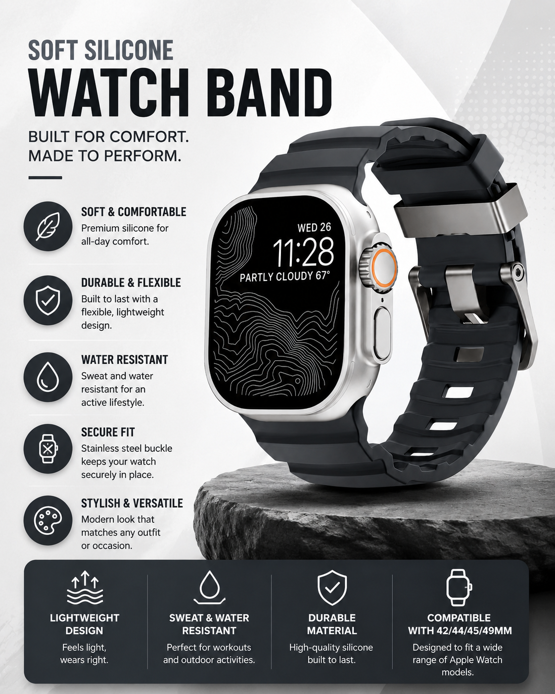ZenoX Charcoal Soft Silicone Watch Band