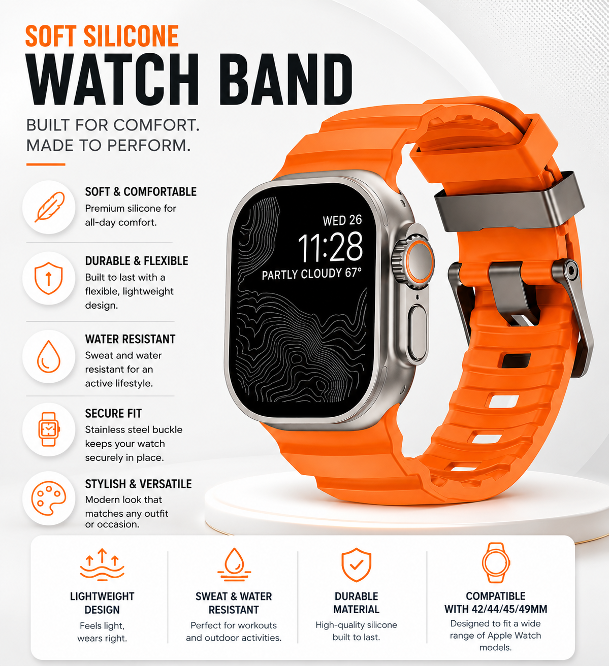 ZenoX Orange Soft Silicone Watch Band