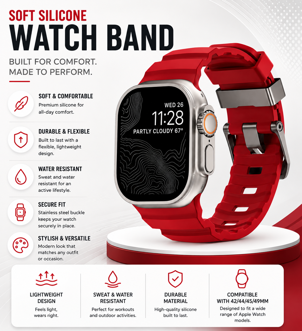 ZenoX Red Soft Silicone Watch Band
