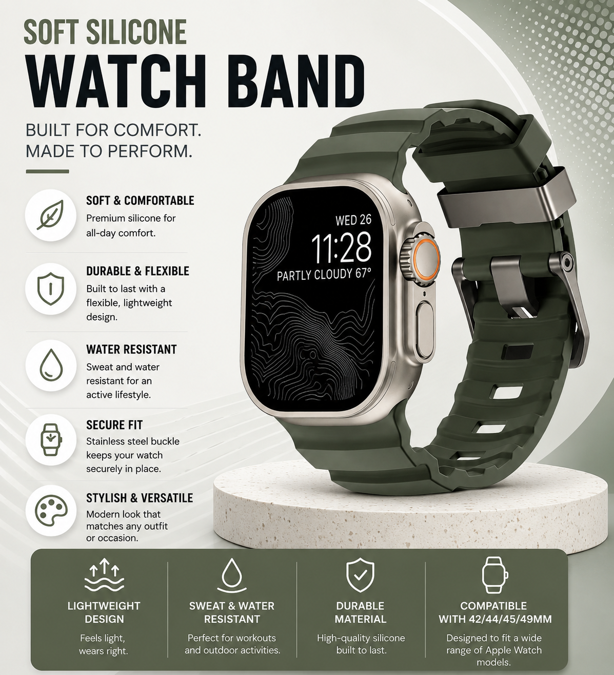 ZenoX Light Army Green Soft Silicone Watch Band